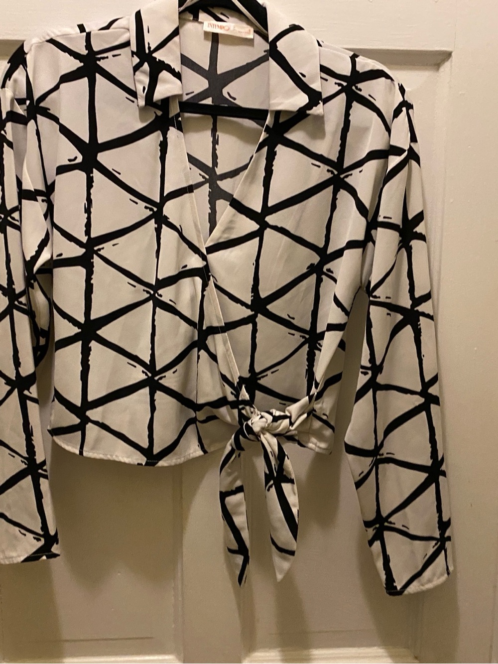 Collared Tie-Front Blouse in White with Black Grid Print